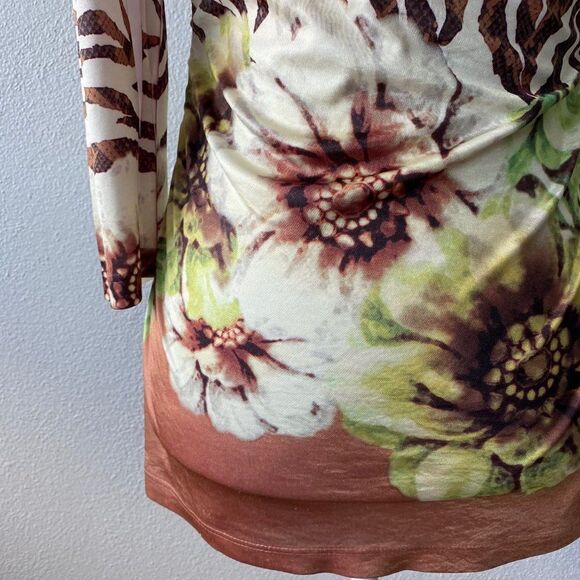 Cache White Brown Animal Stripe Floral Beaded Ruched Y2K Jersey SZ S - Picture 9 of 14